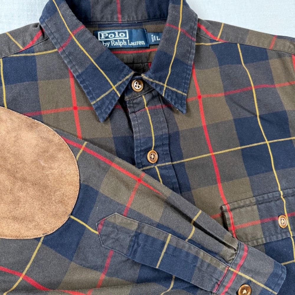 Y2k Polo Ralph Lauren Mens Large Plaid Brown Flannel Shirt Elbow Patches